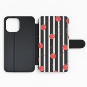 Black And White Stripes With Cherries Flip / Wallet Phone Case 2