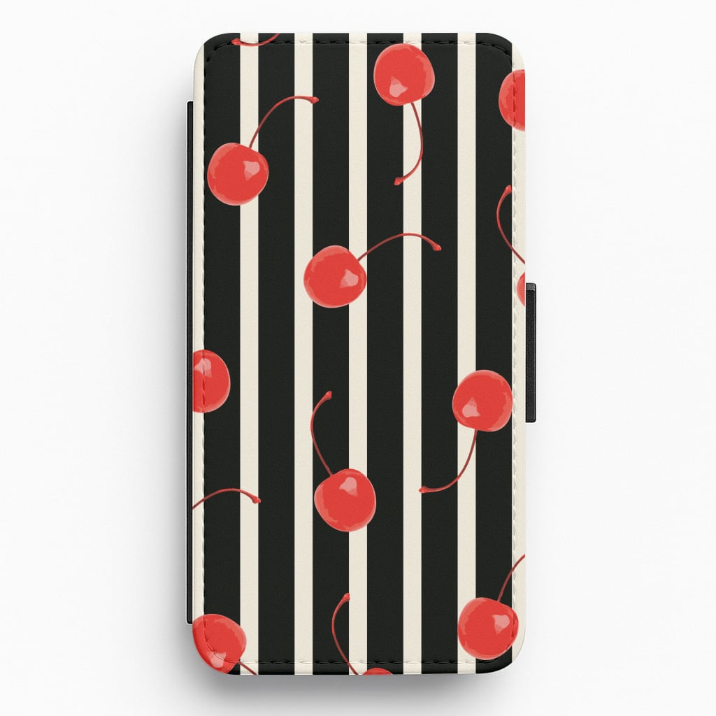 Black And White Stripes With Cherries Flip / Wallet Phone Case