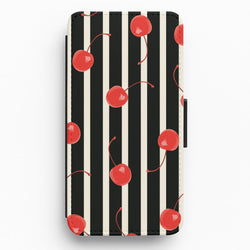 Black And White Stripes With Cherries Flip / Wallet Phone Case