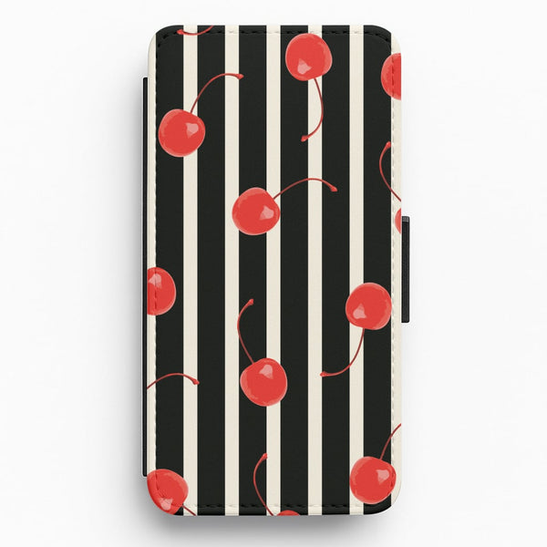 Black And White Stripes With Cherries Flip / Wallet Phone Case