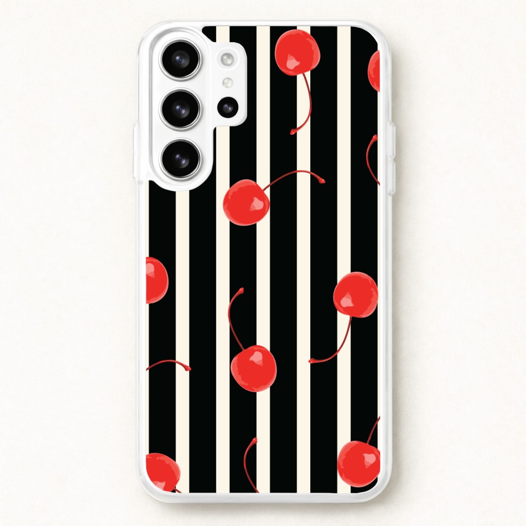 Black And White Stripes With Cherries Phone Case for Galaxy S26 Ultra