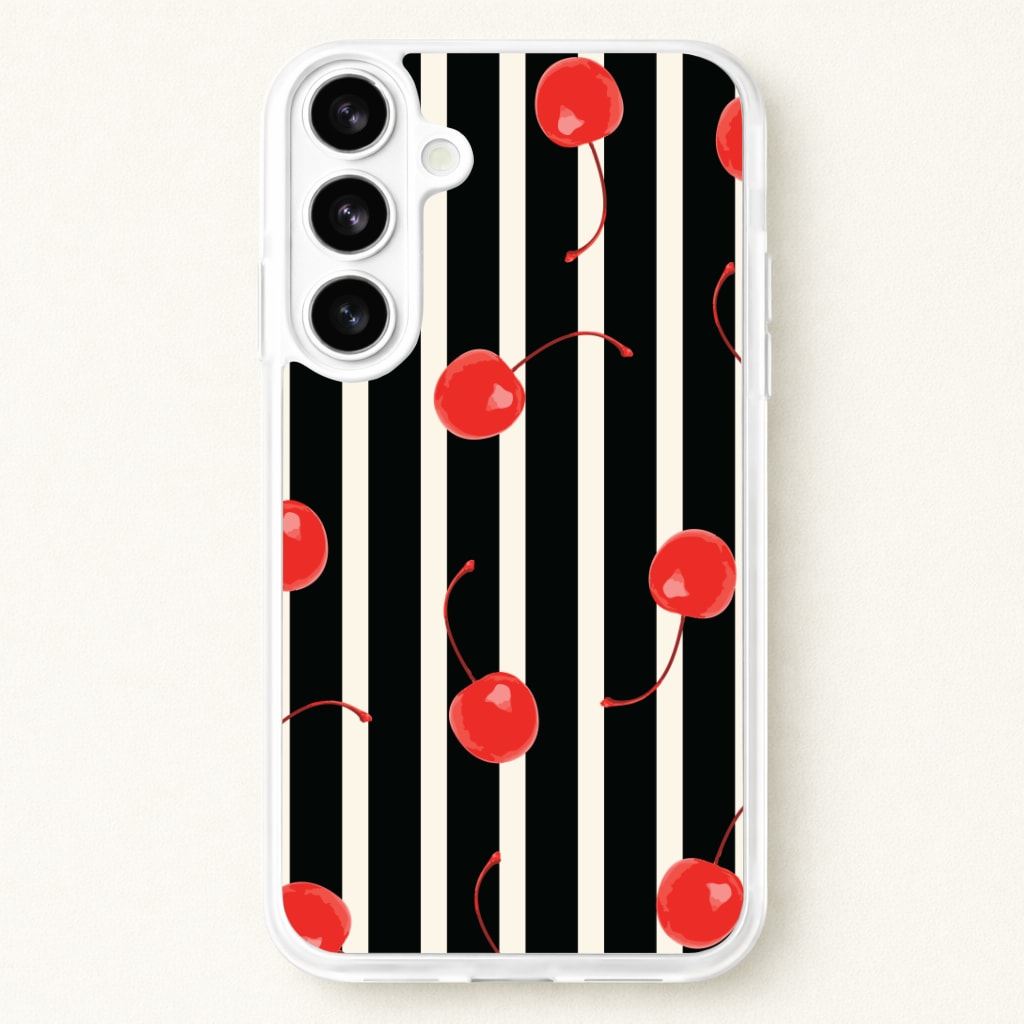 Black And White Stripes With Cherries Phone Case for Galaxy S26 Plus