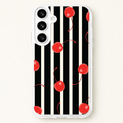 Black And White Stripes With Cherries Phone Case for Galaxy S26 Plus