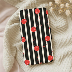 Black And White Stripes With Cherries Wallet Phone Case