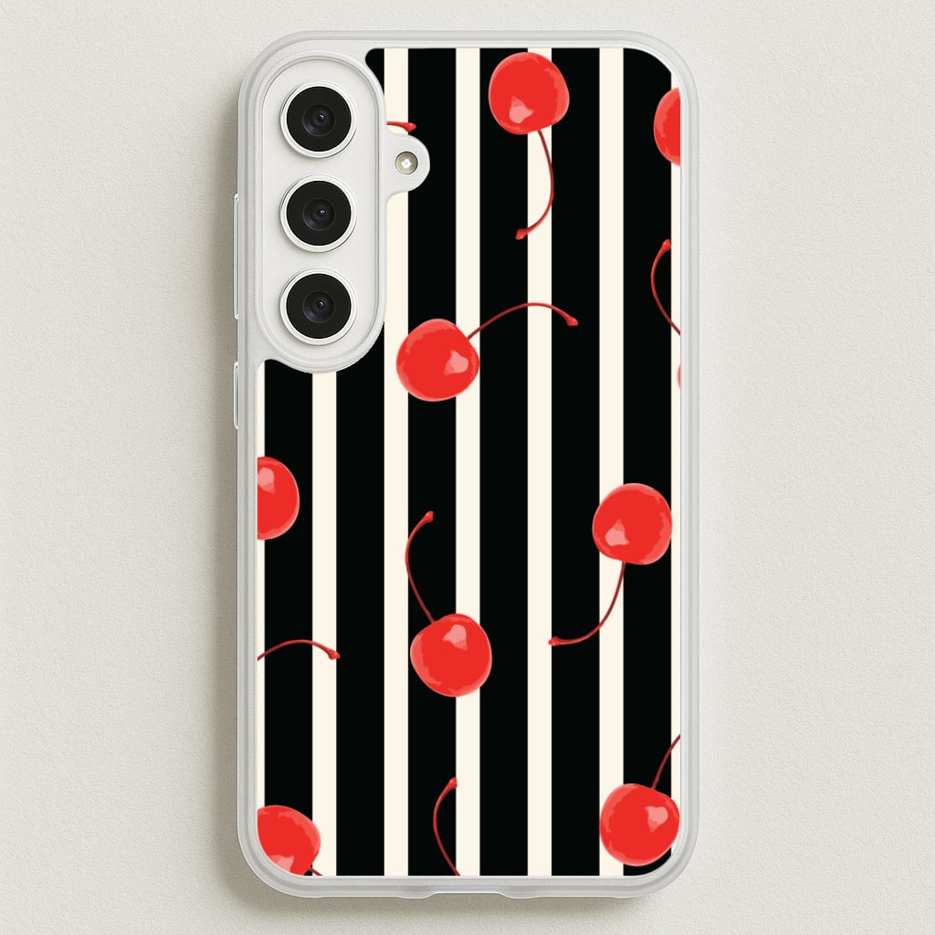 Black And White Stripes With Cherries Phone Case for Galaxy S25FE