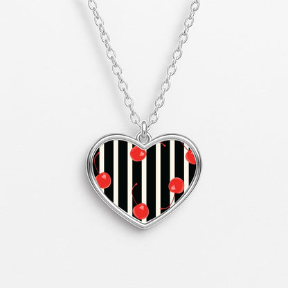 Black And White Stripes With Cherries Heart Necklace