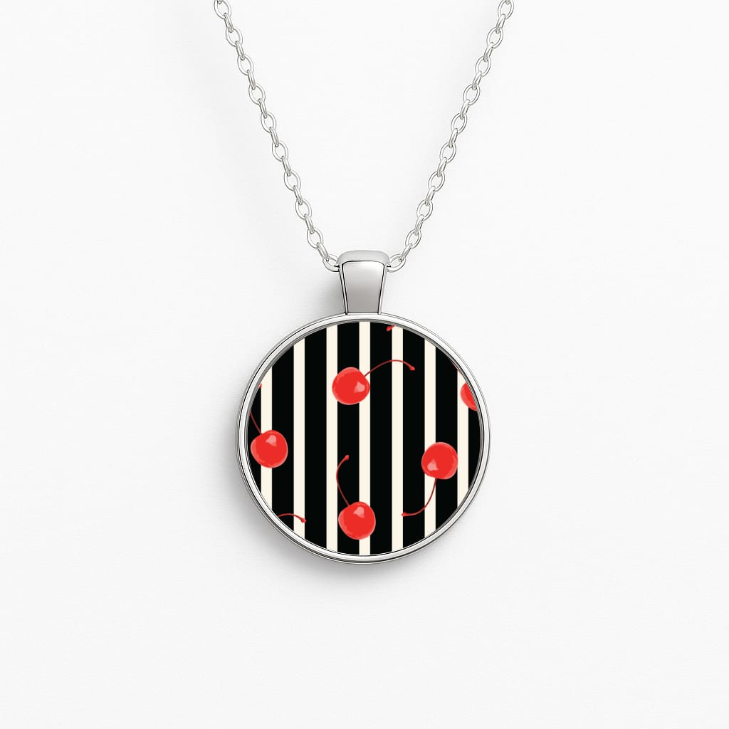 Black And White Stripes With Cherries Circle Necklace