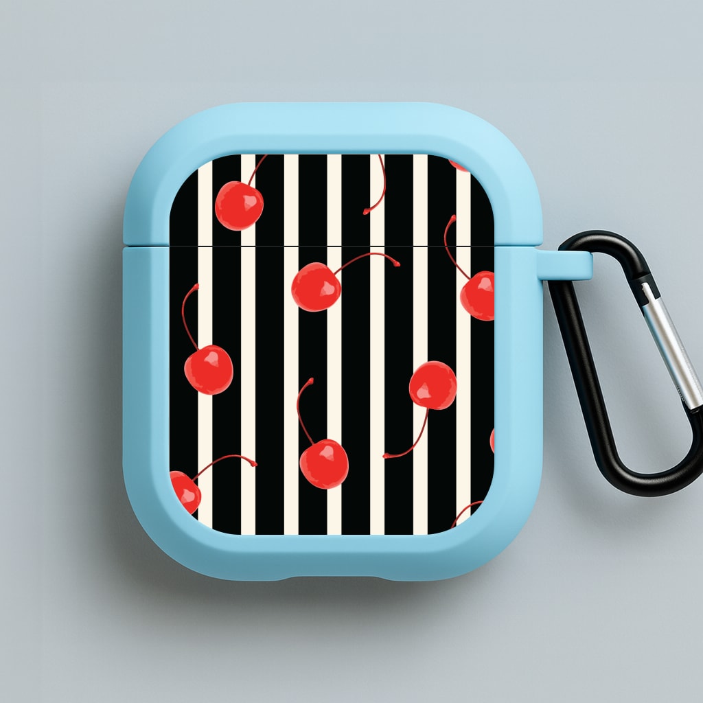 Black And White Stripes With Cherries Blue AirPods Case