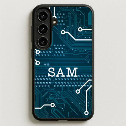 Blue Circuit Board Personalised Name Phone Case for Galaxy S25FE