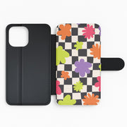 Abstract Flowers Checkered Pattern Flip / Wallet Phone Case 2