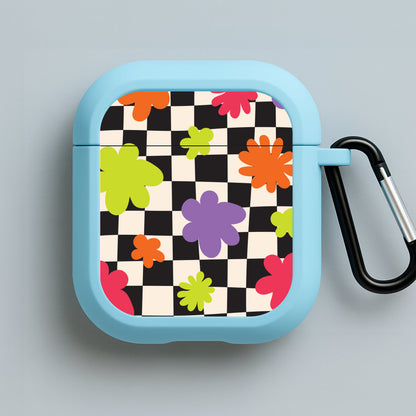 Abstract Flowers Checkered Pattern Blue AirPods Case