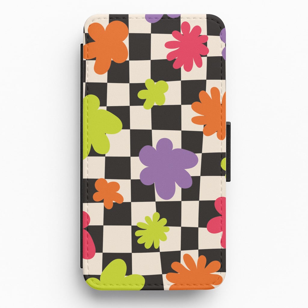 Abstract Flowers Checkered Pattern Flip / Wallet Phone Case