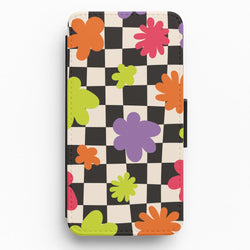 Abstract Flowers Checkered Pattern Flip / Wallet Phone Case