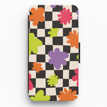 Abstract Flowers Checkered Pattern Flip / Wallet Phone Case