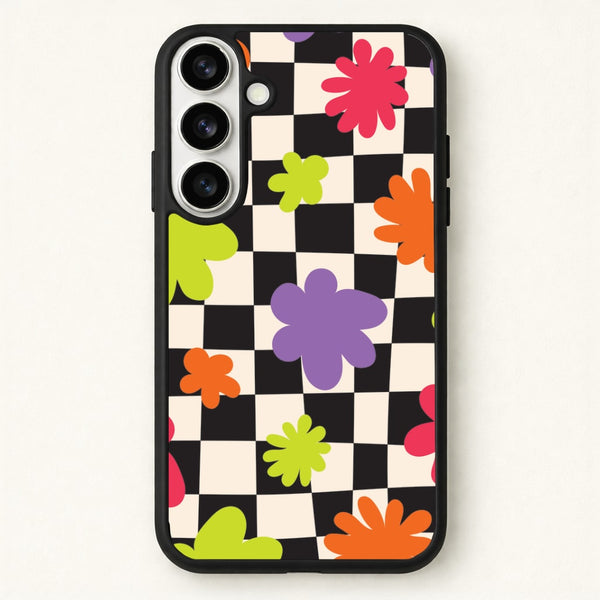 Abstract Flowers Checkered Pattern Phone Case for Galaxy S26