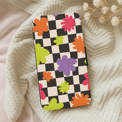 Abstract Flowers Checkered Pattern Wallet Phone Case