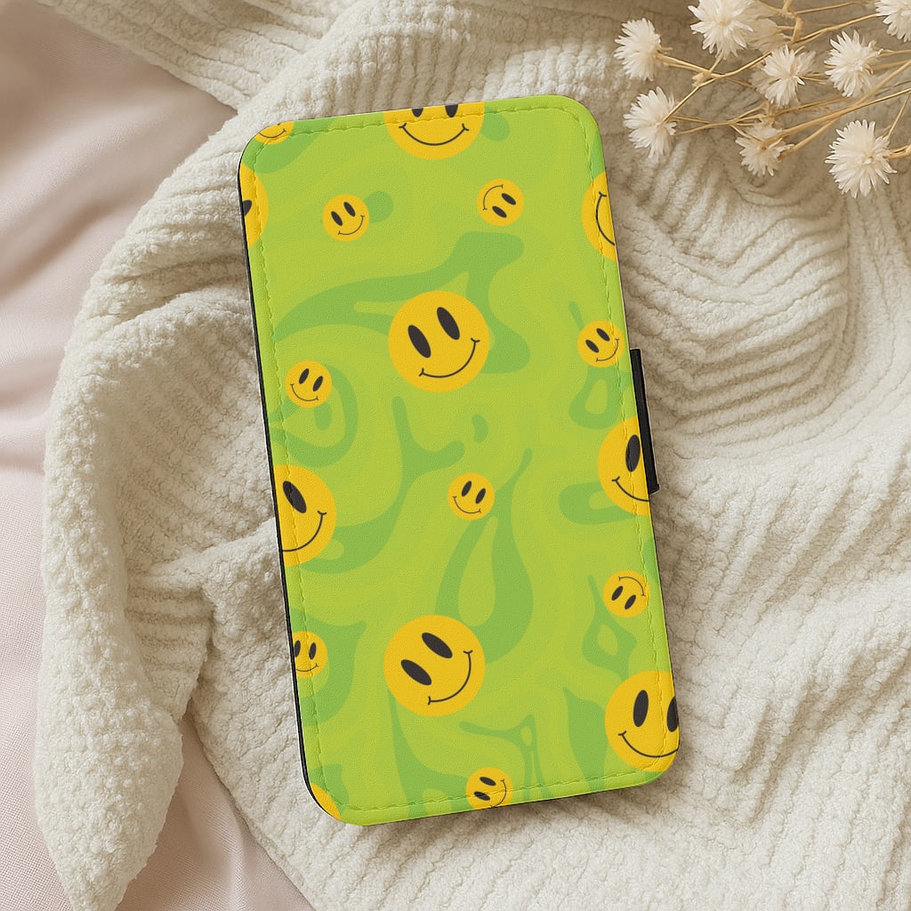Green Wavey Smileys Pattern Wallet Phone Case