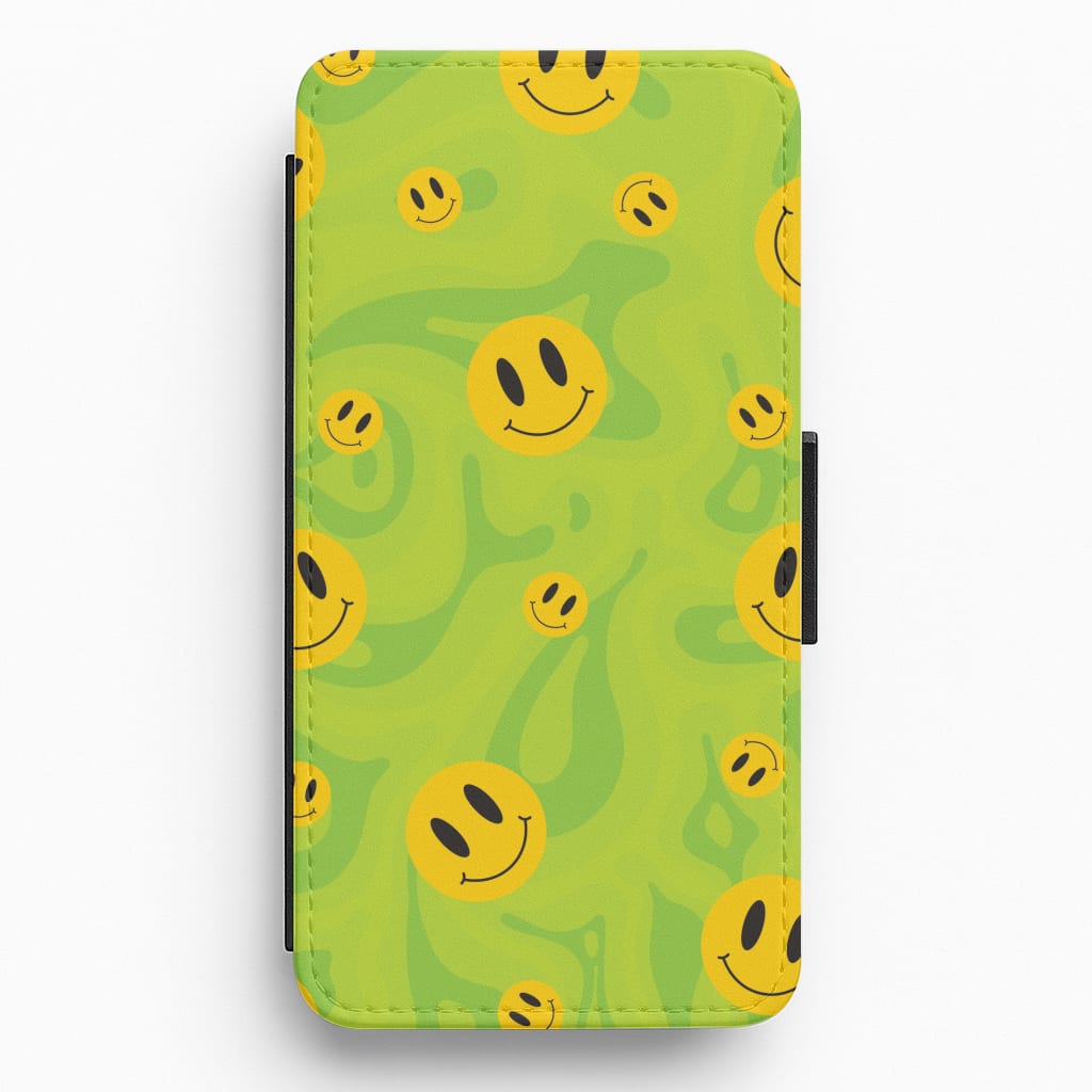 Green Wavey Smileys Pattern Flip / Wallet Phone Case