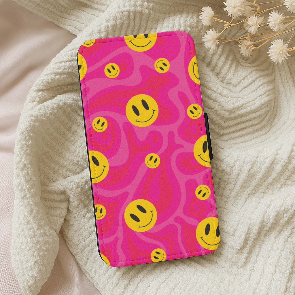 Pink Wavey Smileys Pattern Wallet Phone Case