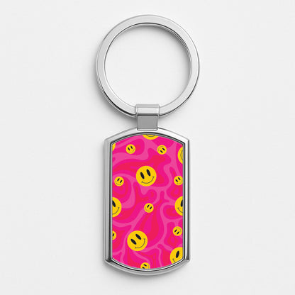 Pink Wavey Smileys Pattern Silver Keyring