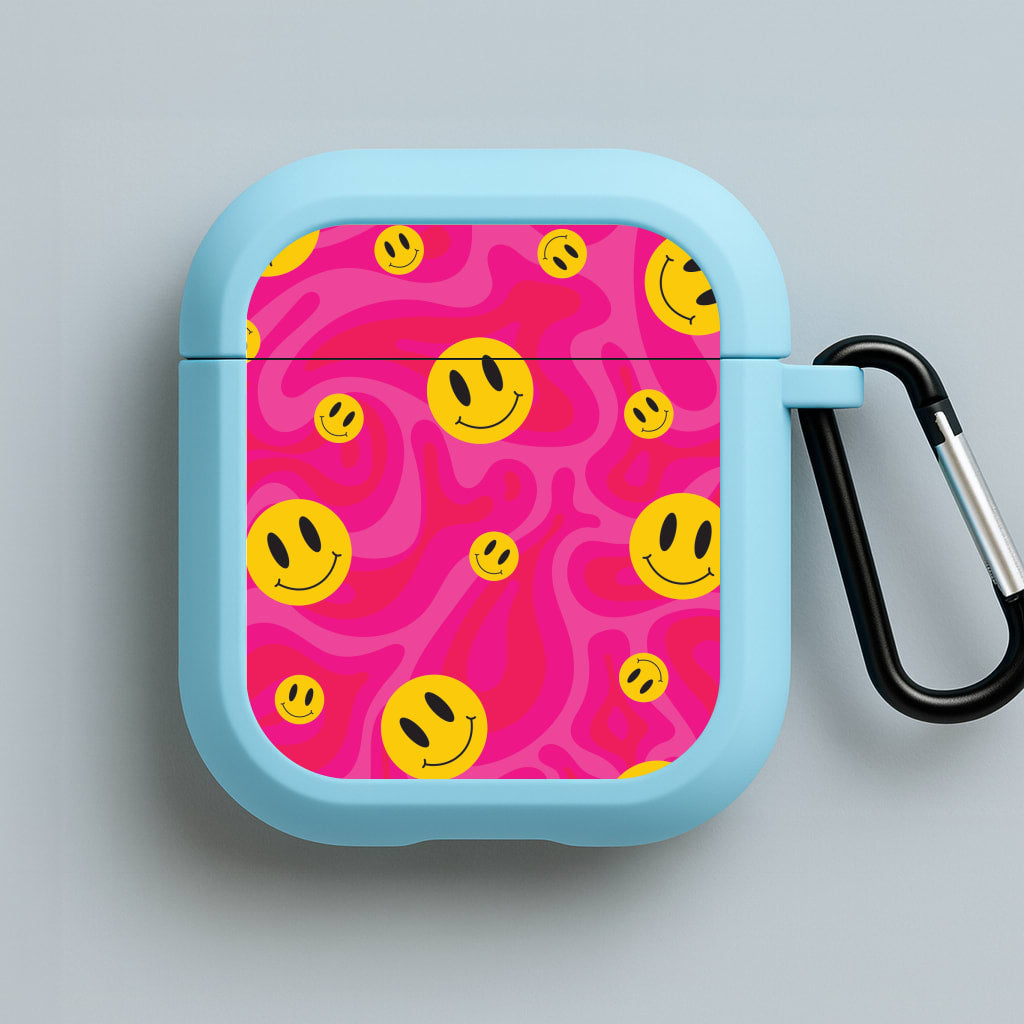 Pink Wavey Smileys Pattern Blue AirPods Case