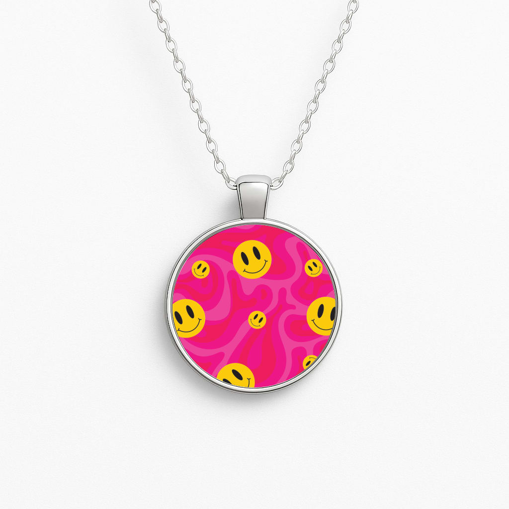 Pink Wavey Smileys Pattern Circle Necklace