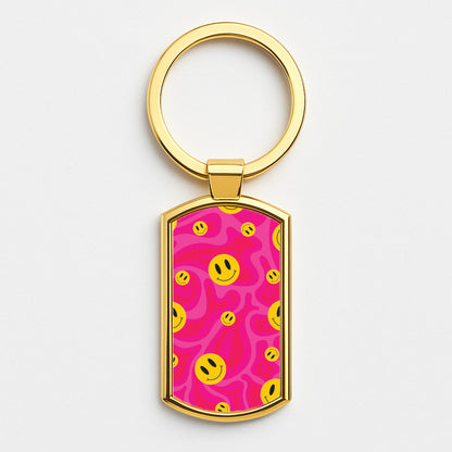 Pink Wavey Smileys Pattern Gold Keyring