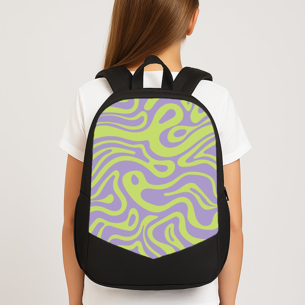Green And Purple Waves Pattern Large School Bag