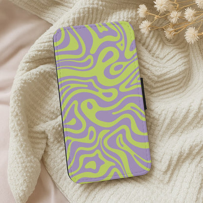 Green And Purple Waves Pattern Wallet Phone Case