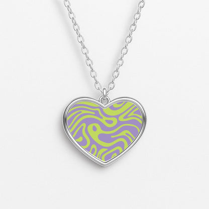 Green And Purple Waves Pattern Heart Necklace