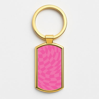 Pink Trippy Checkerboard Pattern Gold Keyring