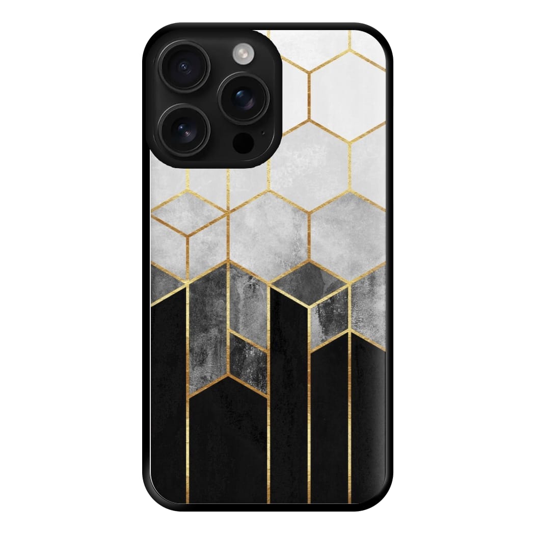 Black White & Gold Honeycomb Pattern Phone Case for iPhone 16 Pro Max