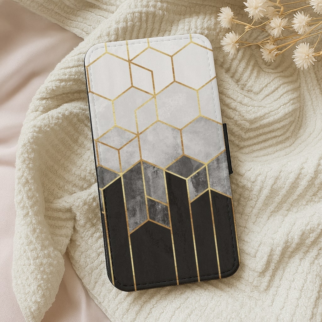 Black White & Gold Honeycomb Pattern Wallet Phone Case
