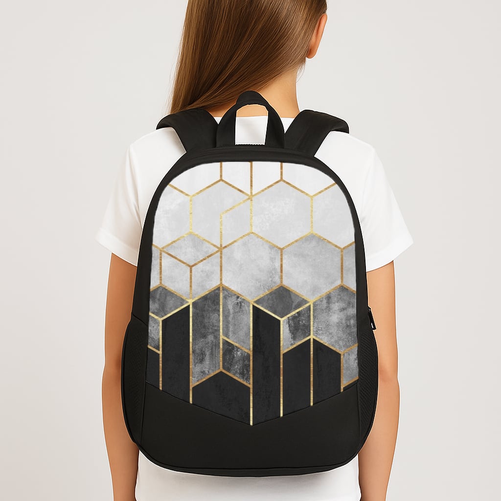 Black White & Gold Honeycomb Pattern Large School Bag