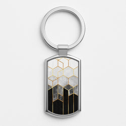 Black White & Gold Honeycomb Pattern Silver Keyring