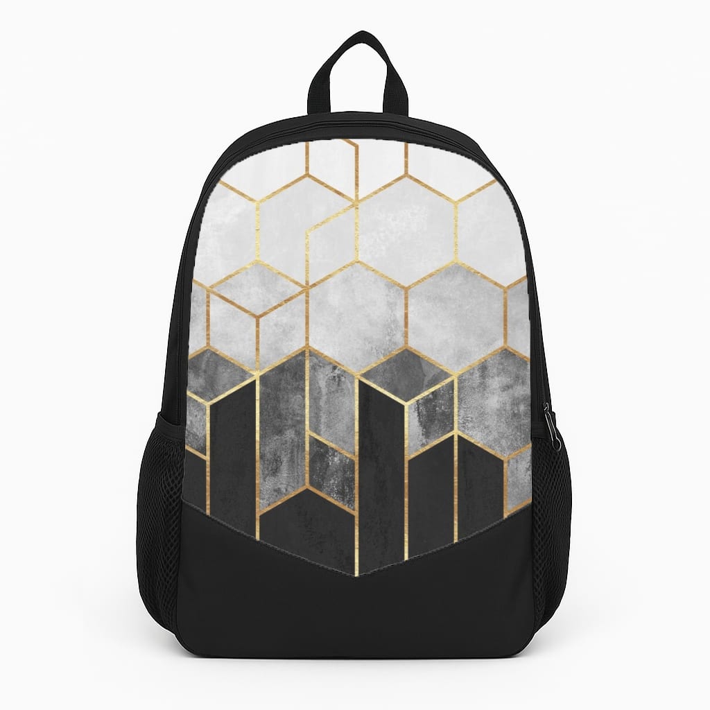 Black White & Gold Honeycomb Pattern Large Backpack