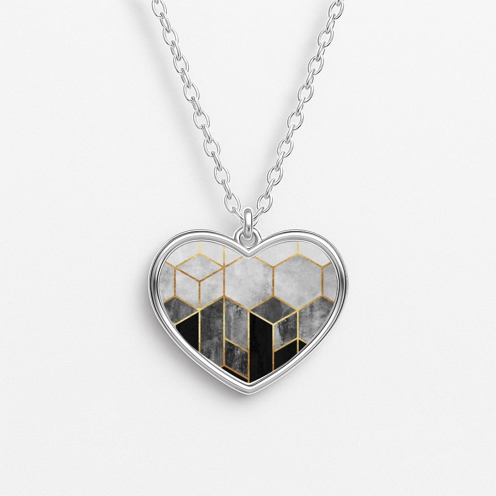 Black White & Gold Honeycomb Pattern Heart Necklace