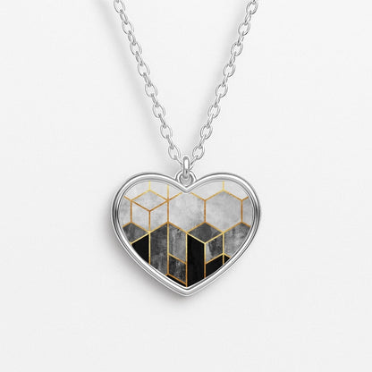 Black White & Gold Honeycomb Pattern Heart Necklace