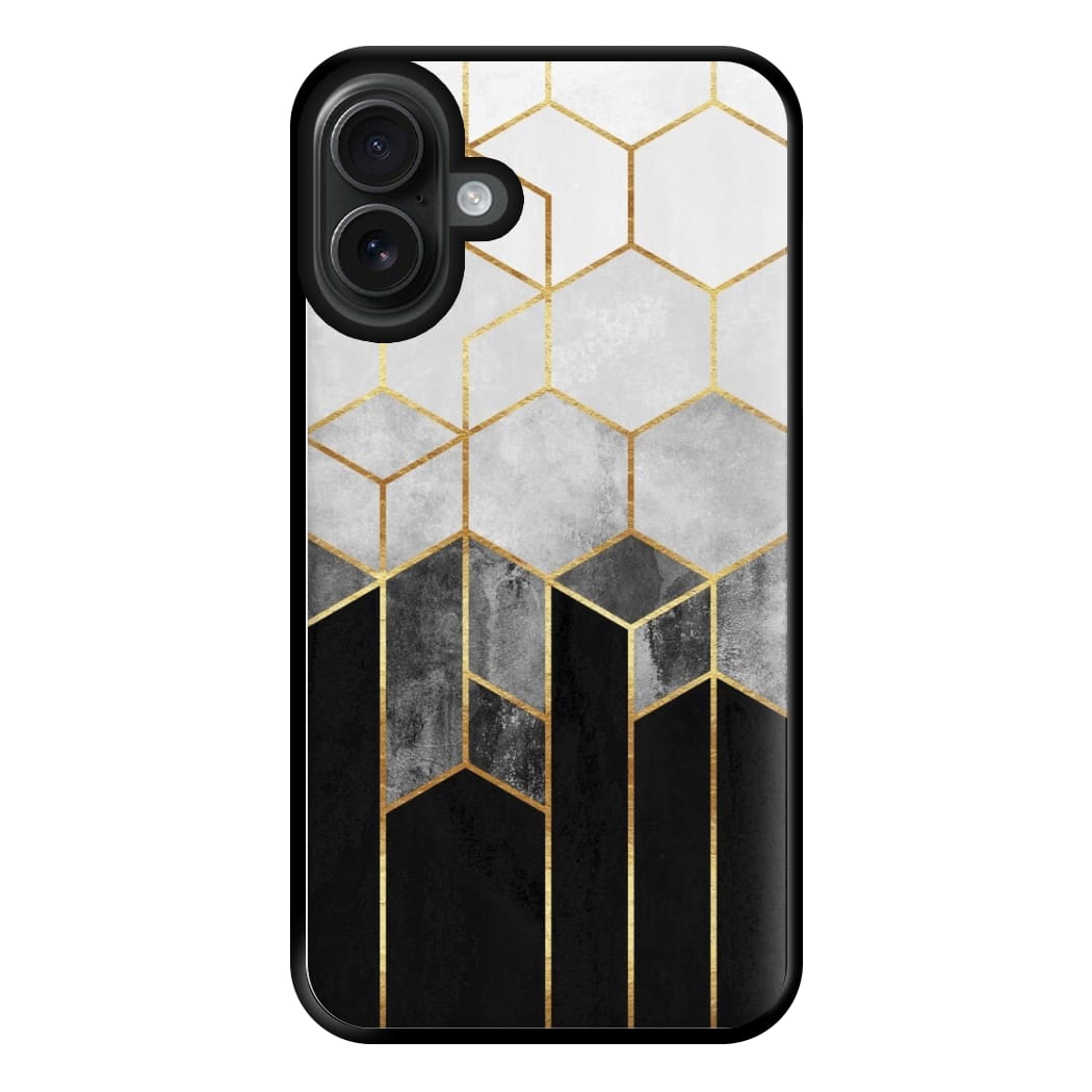 Black White & Gold Honeycomb Pattern Phone Case for iPhone 16 Plus