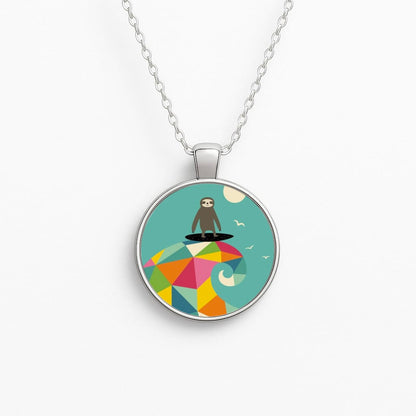 Surfing Sloth Circle Necklace