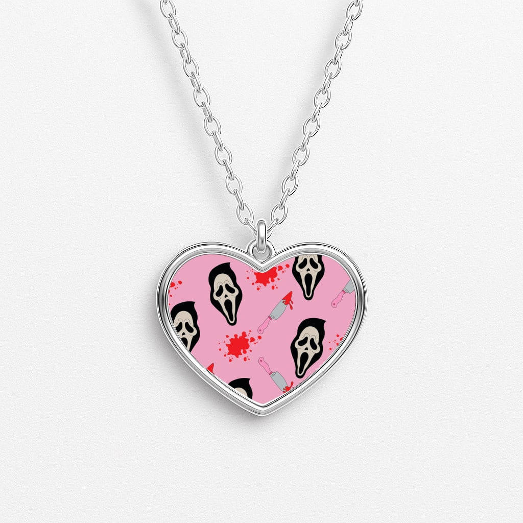 Pink Ghostface Pattern - Scream Heart Necklace