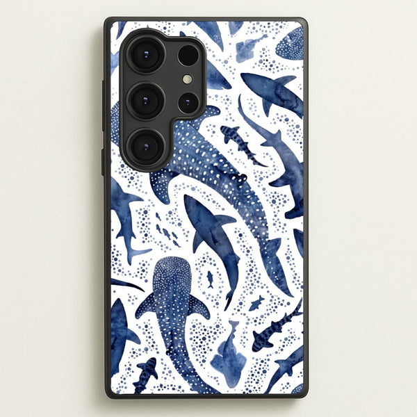 Indigo Watercolour Sharks Phone Case - Galaxy S25 Ultra / Standard