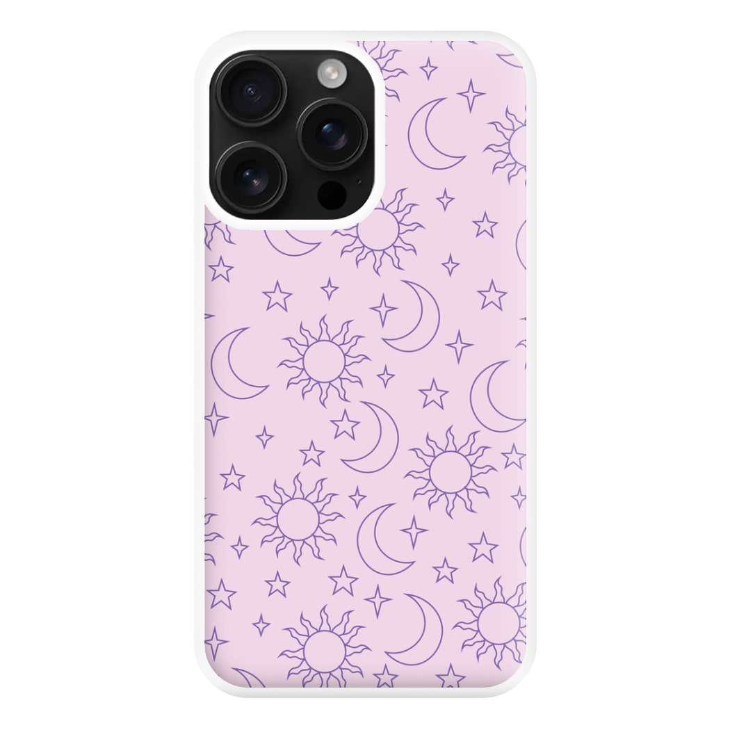 Sun, Moon And Stars Pattern Mauve Phone Case for iPhone 16 Pro Max