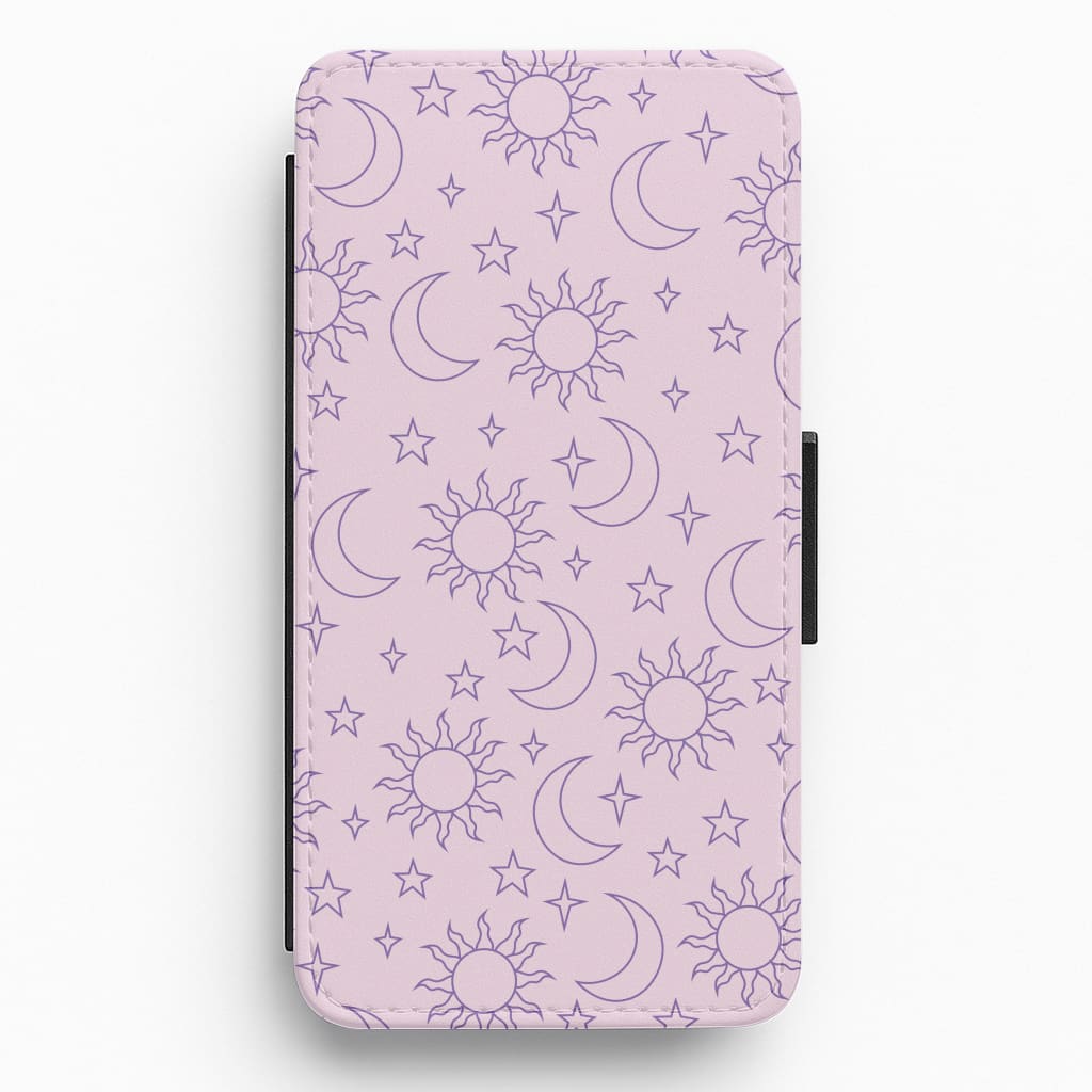 Sun, Moon And Stars Pattern Mauve Flip / Wallet Phone Case