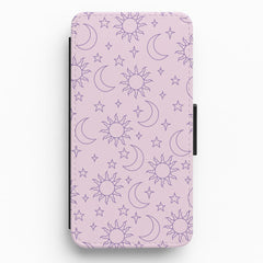Sun, Moon And Stars Pattern Mauve Flip / Wallet Phone Case