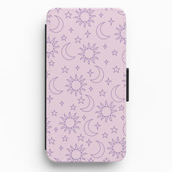 Sun, Moon And Stars Pattern Mauve Flip / Wallet Phone Case