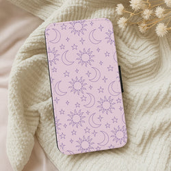Sun, Moon And Stars Pattern Mauve Wallet Phone Case
