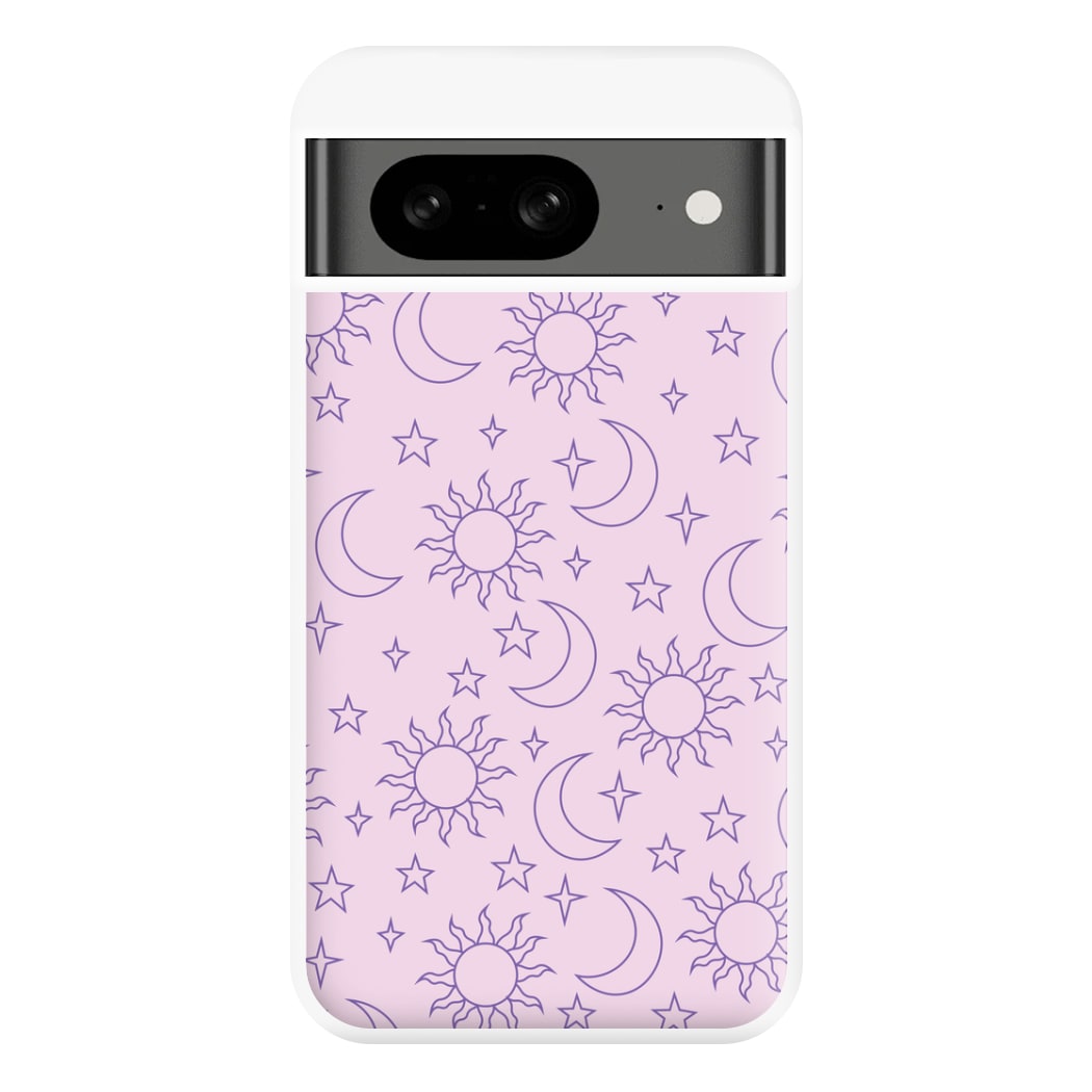 Sun, Moon And Stars Pattern Mauve Phone Case for Google Pixel 8