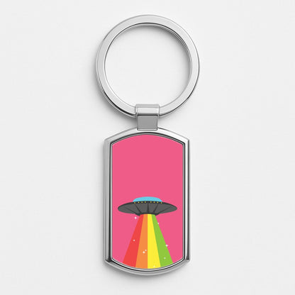Rainbow Alien Spaceship Silver Keyring