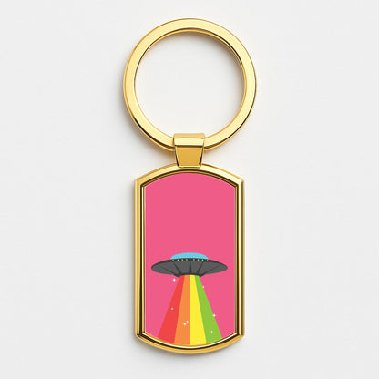 Rainbow Alien Spaceship Gold Keyring